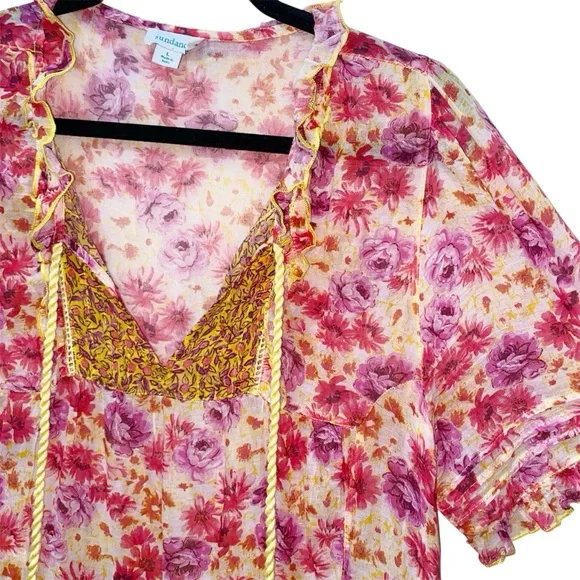 Sundance Fields of Beauty Dress Pink Yellow Tiered Tassel Tie Midi Size Large - Picture 7 of 14